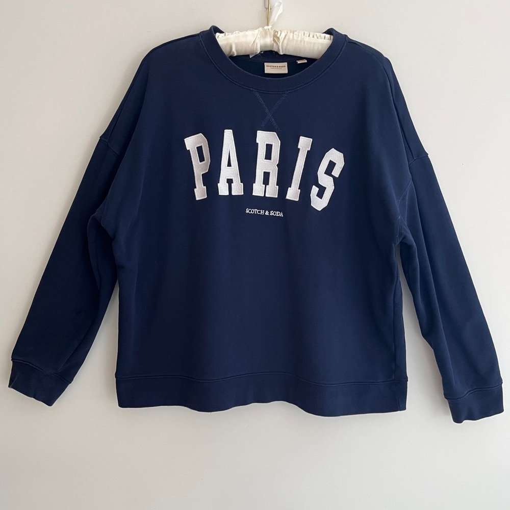 SCOTCH & SODA Paris Applique Navy Blue 100% Cotton Sweatshirt Minimalist Boxy